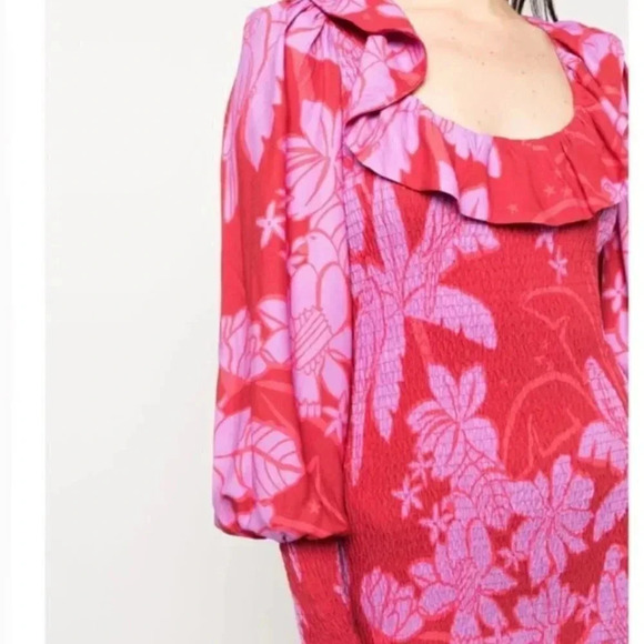 NWT FARM RIO Living Nature Red Pink Burgundy Floral Smocked Mini Dress Size XS - Picture 7 of 9